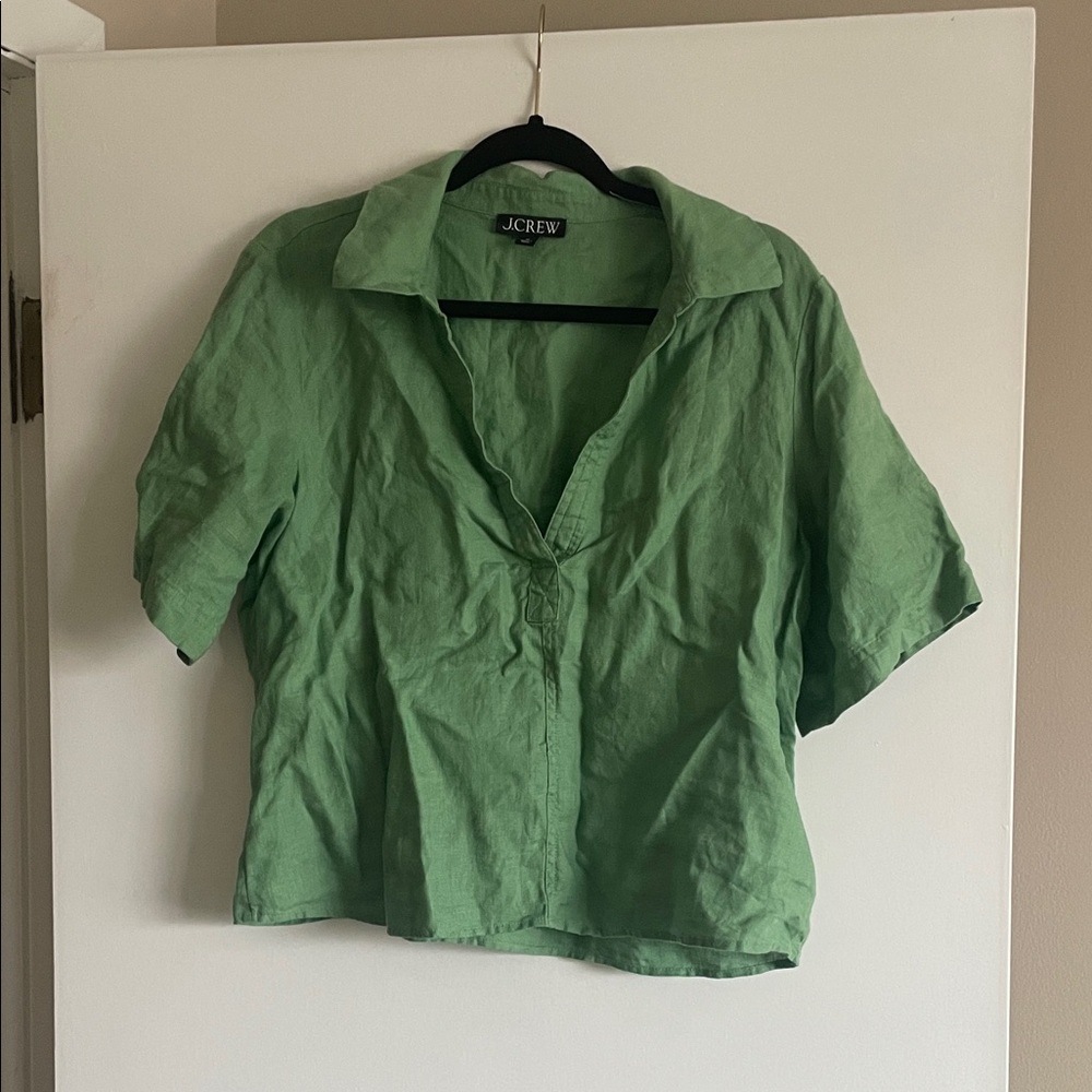 J. Crew Green Linen Short-Sleeve Popover Blouse